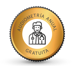 Una insignia dorada con un médico que dice audiometría anual gratuita.