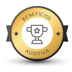 Una insignia dorada con un trofeo y las palabras beneficios auditivos en ella