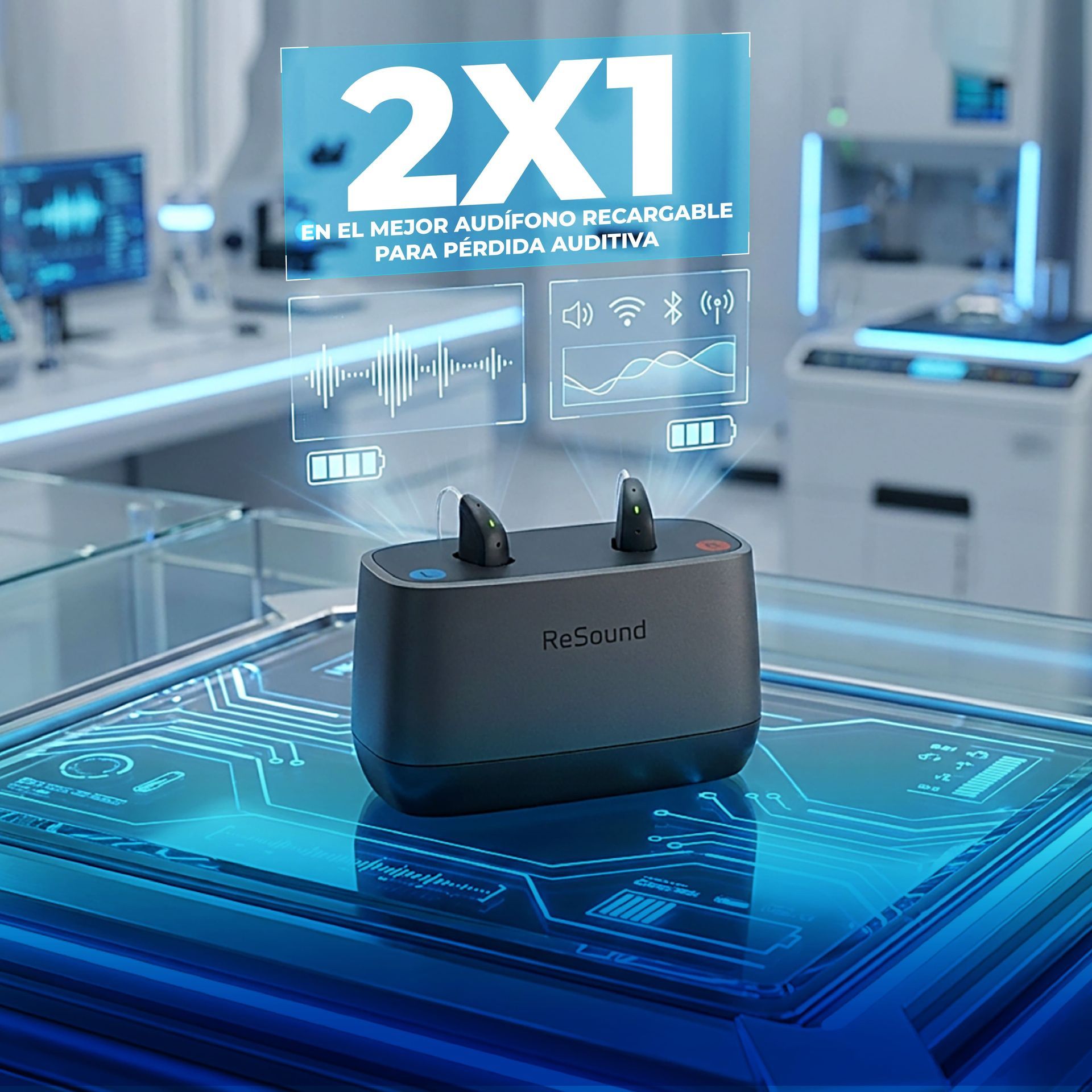 Cargador de audífono negro en una placa de circuito azul. Paneles holográficos con información que muestran datos y texto que promociona una oferta de 2x1.