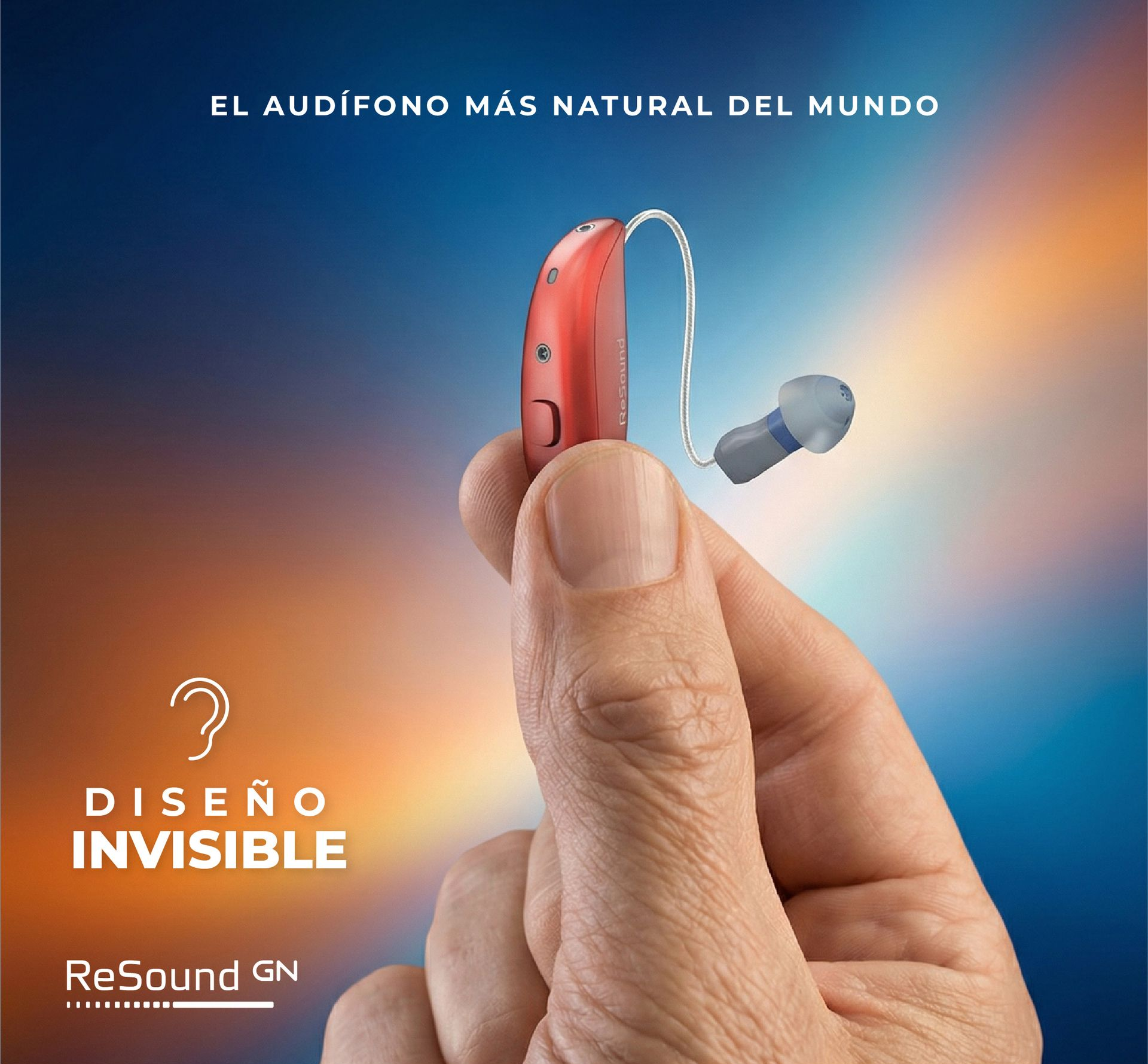 Hand holding a red ReSound hearing aid against a blue and orange gradient background. Text reads: 