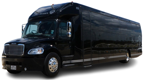 A black shuttle bus with the door open on a white background