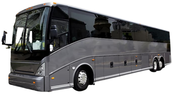 A large gray bus with a lot of windows on a white background.