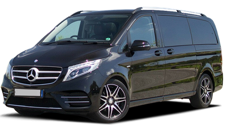 A black mercedes van is parked on a white background.