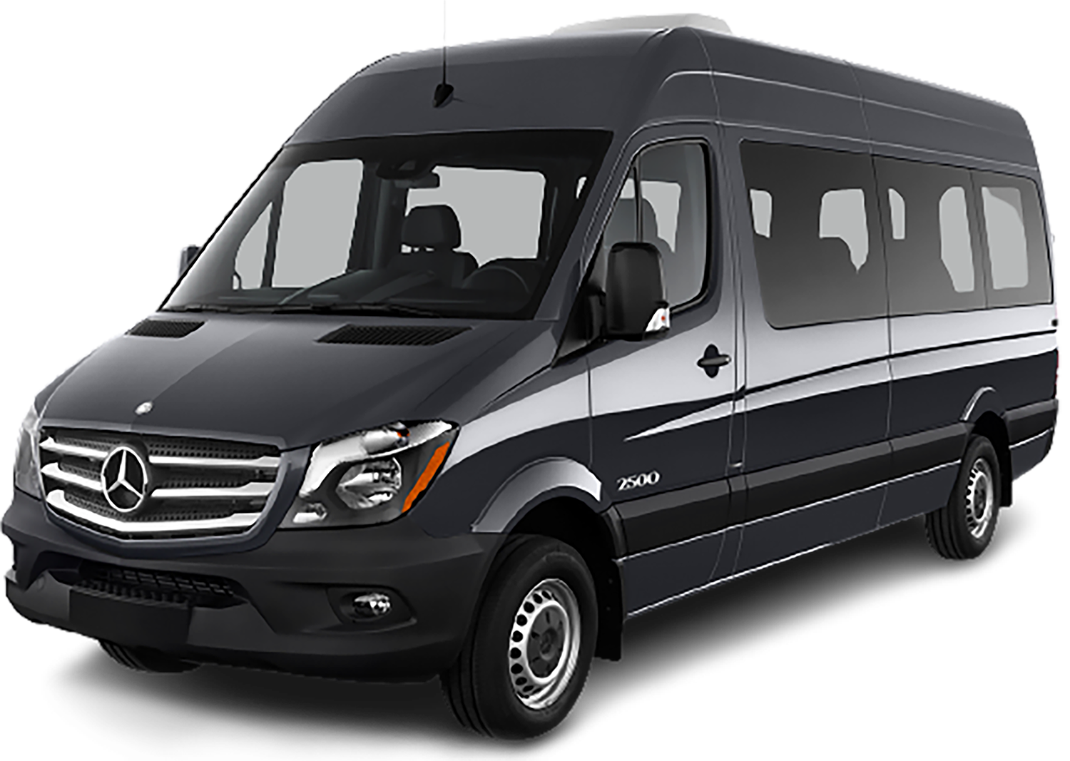 A black mercedes sprinter van is shown on a white background.