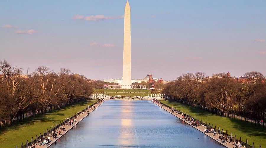 The washington monument is surrounded by a large body of water.