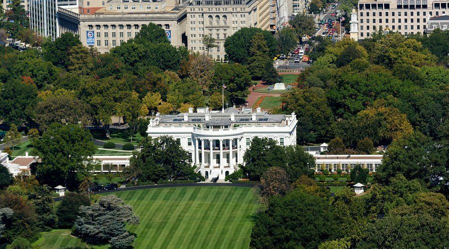 An aerial view of the white house in washington d.c.