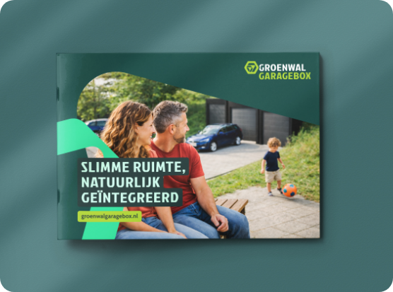 A brochure cover showing a family relaxing outdoors near a modern garage box, with the title 