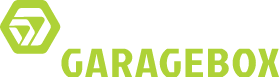 A lime green hexagonal icon with a stylized letter G next to the word GARAGEBOX in lime green text.