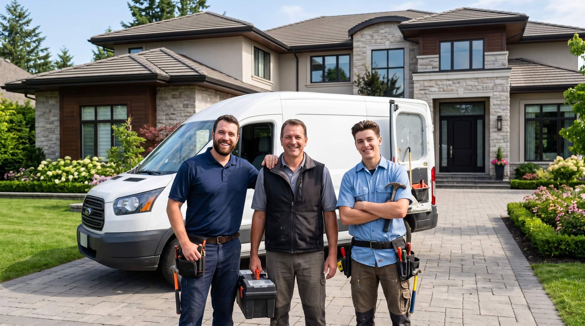 Handymen standing from out of van outside of luxury house