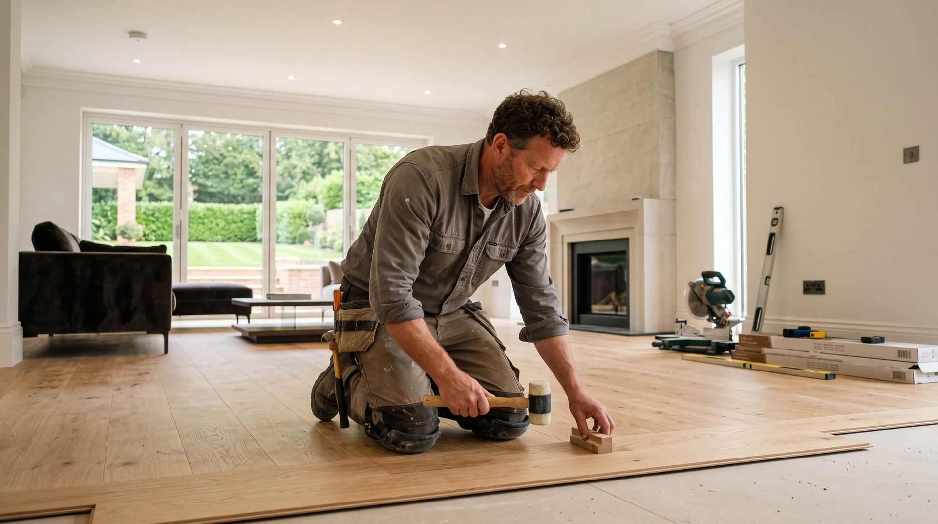 Handyman installing new hardwood floors in living room