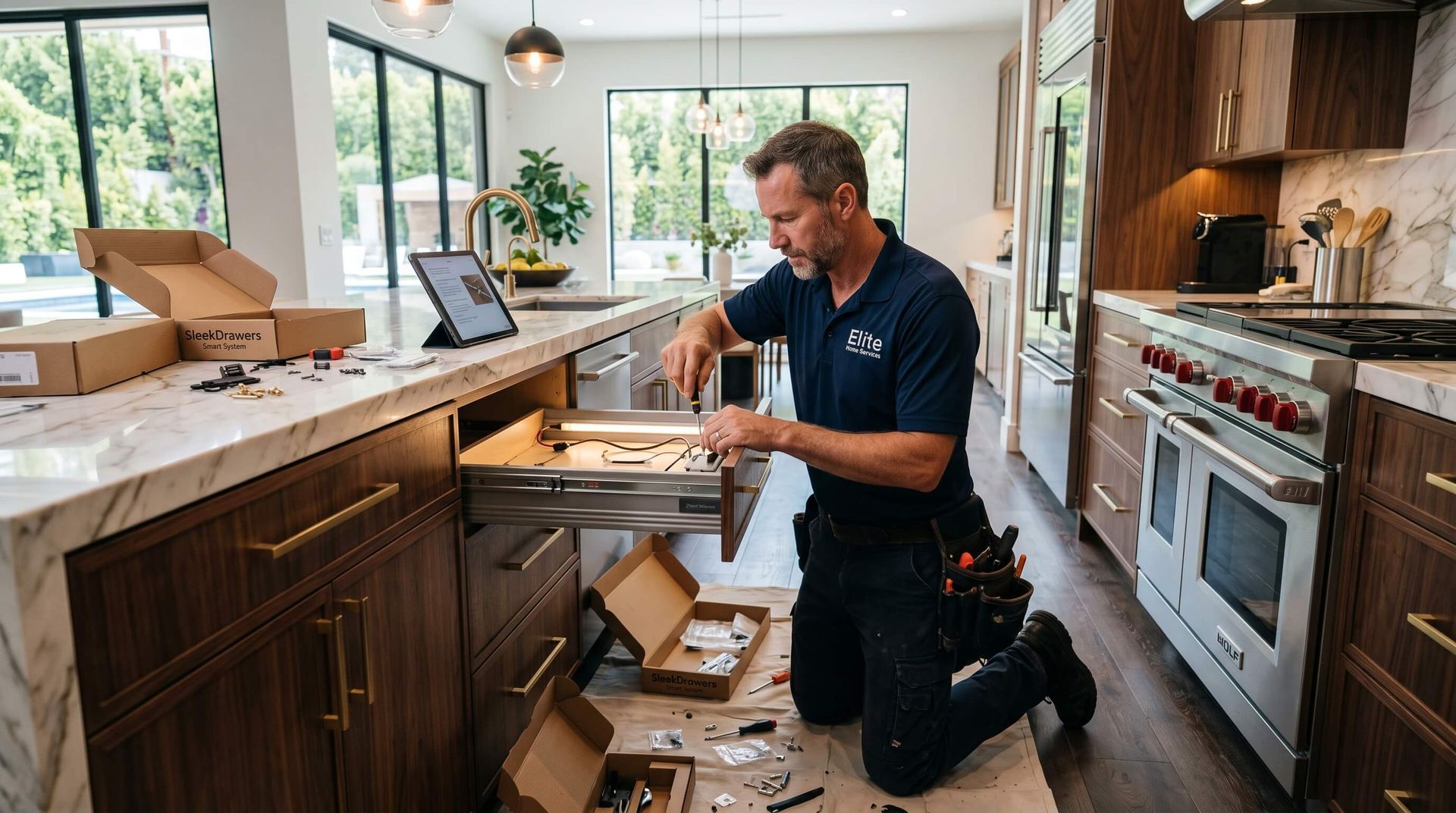 Handyman fixing drawer in kitchen