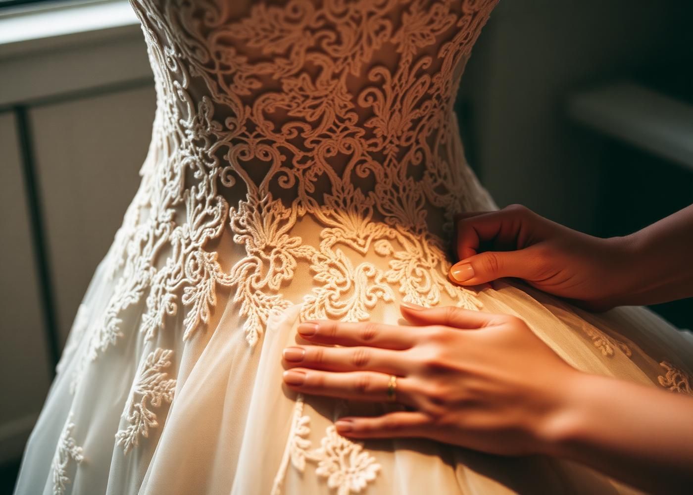 Hands adjusting a lace wedding dress in warm window light
