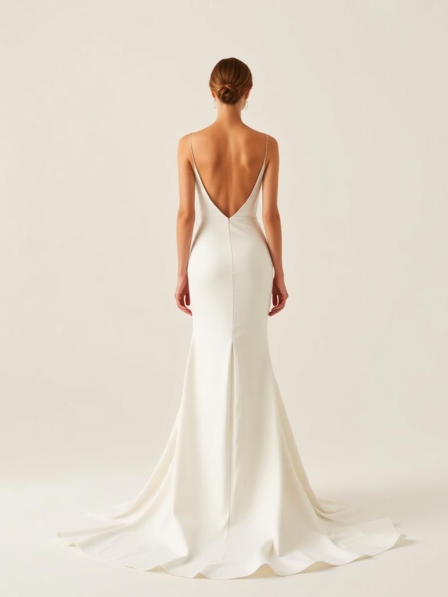 Back view of a woman in a white backless gown with a long train against a beige background