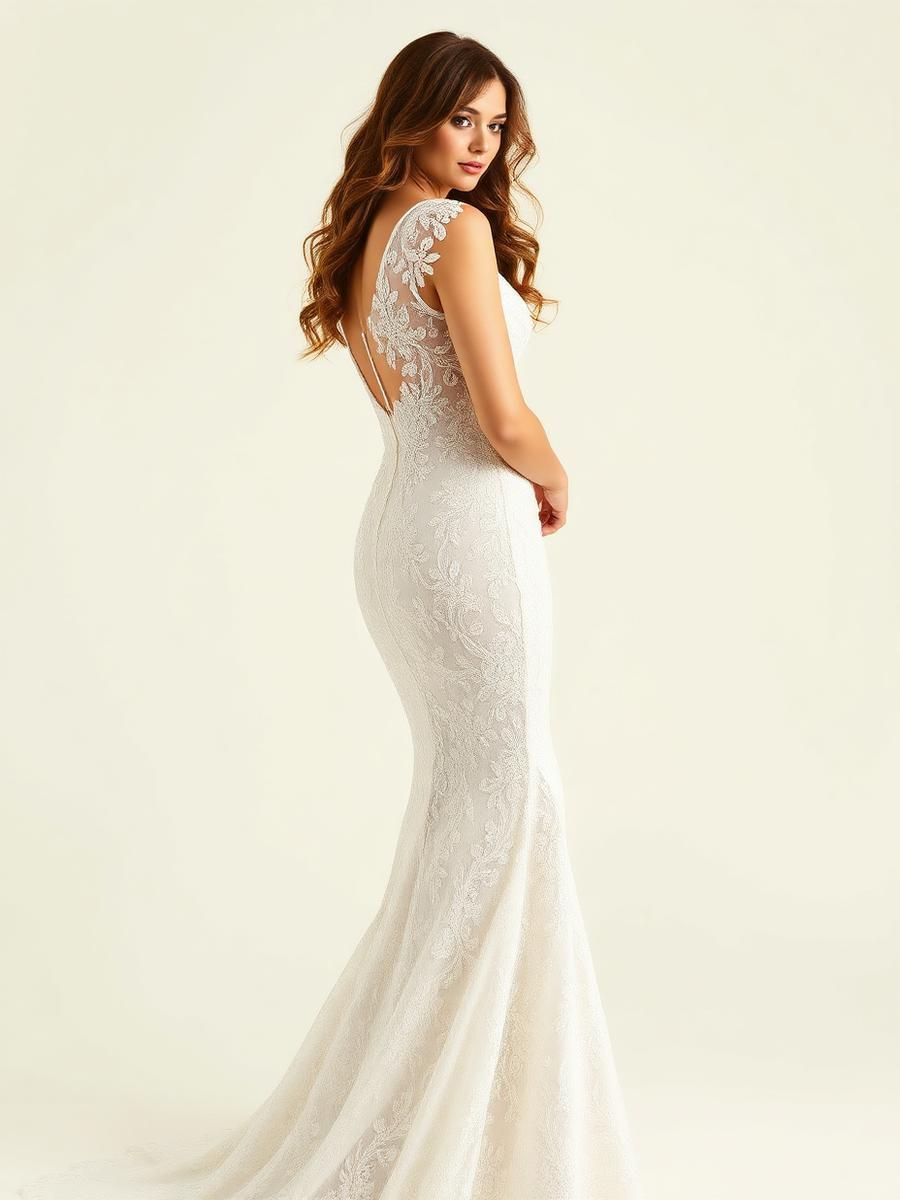 Woman in a white lace mermaid gown posing against a plain light background