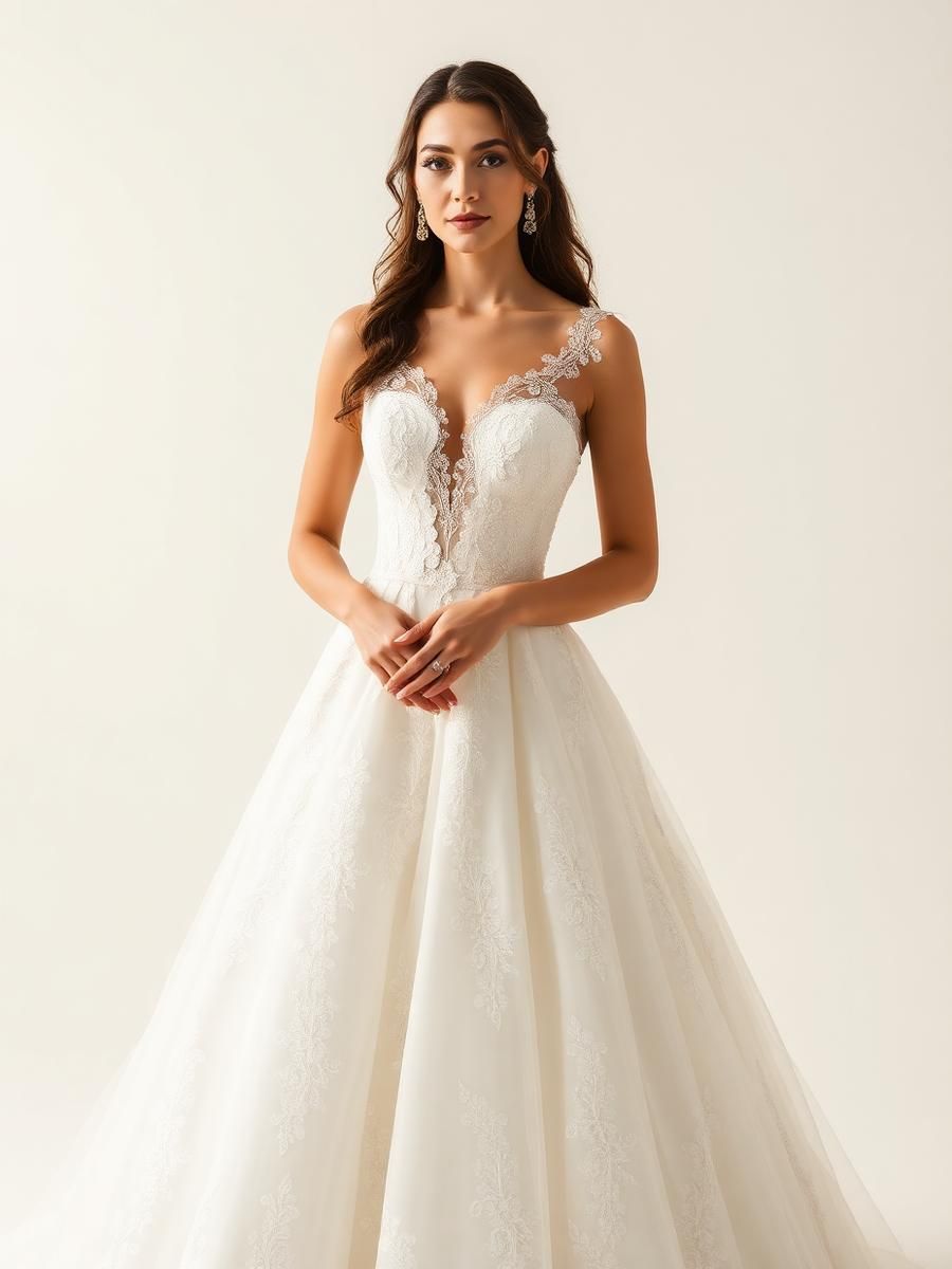 Bride in a white lace wedding gown standing against a plain light background.