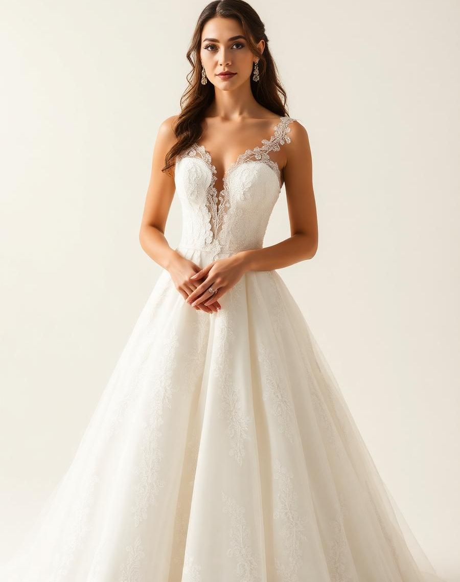 Woman in a white lace wedding gown standing against a plain light background.