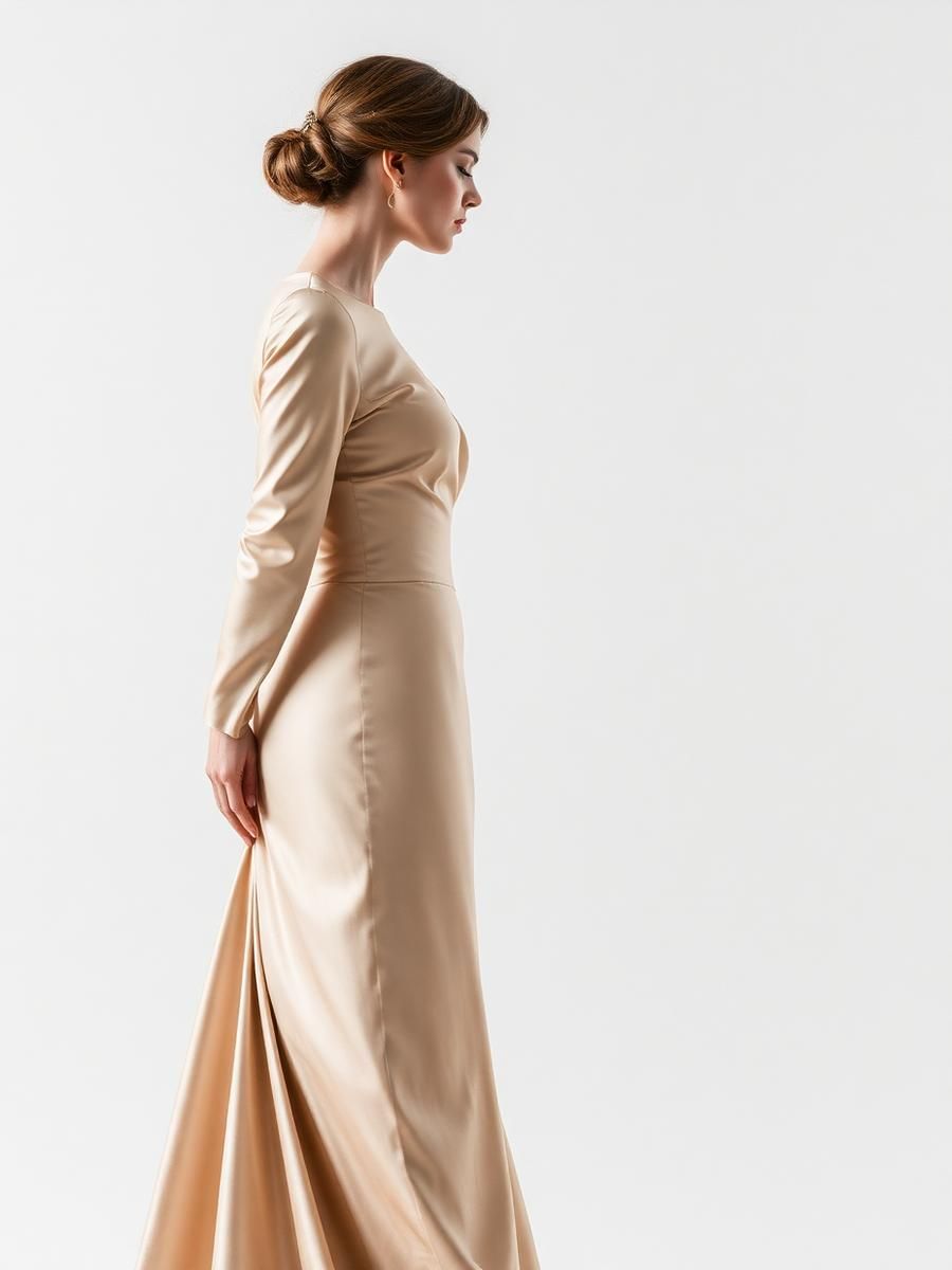 Woman in a beige long-sleeve dress, shown in profile against a white background, holding the skirt behind her.