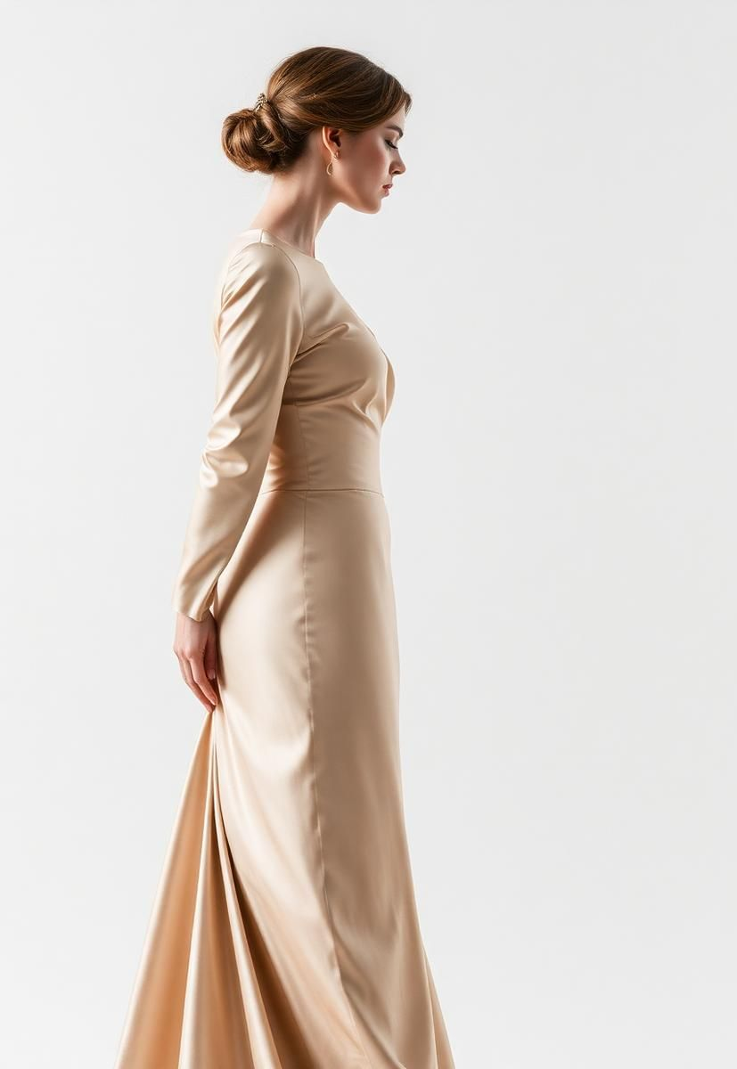 Profile view of a woman in a beige long-sleeve dress, holding the hem against a plain white background