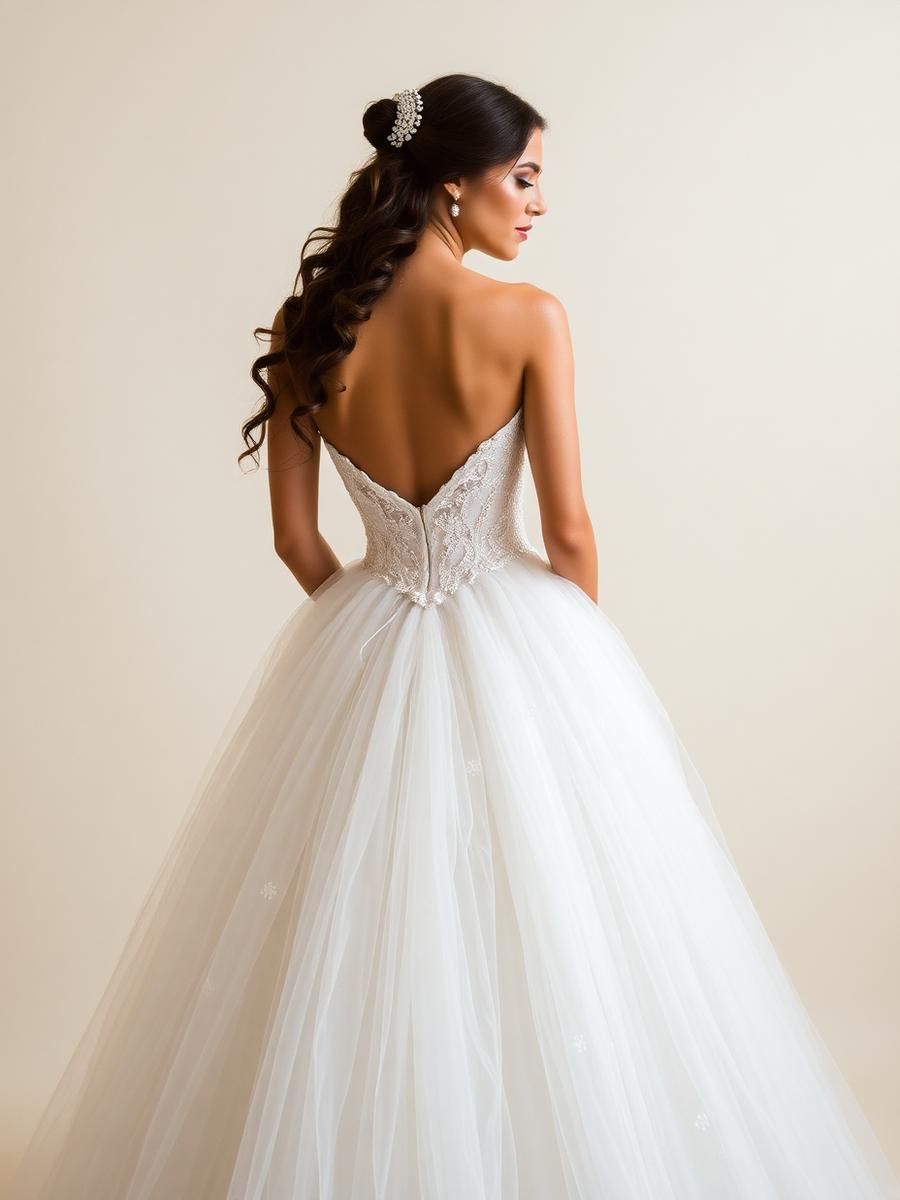Bride in a white strapless gown with a long tulle skirt, shown from the back against a plain beige background