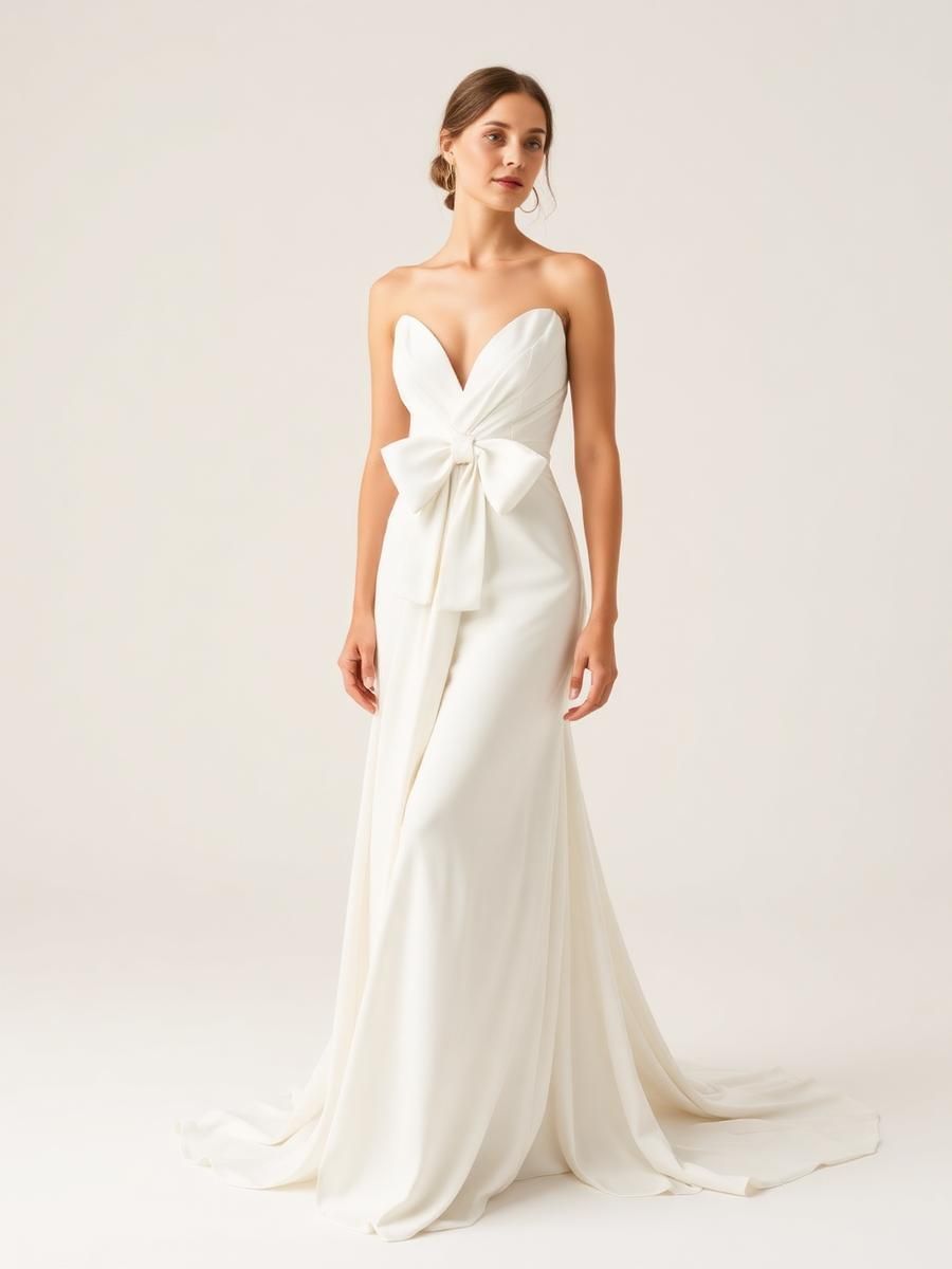 Woman in a white strapless wedding dress with a bow detail, standing against a plain backdrop.