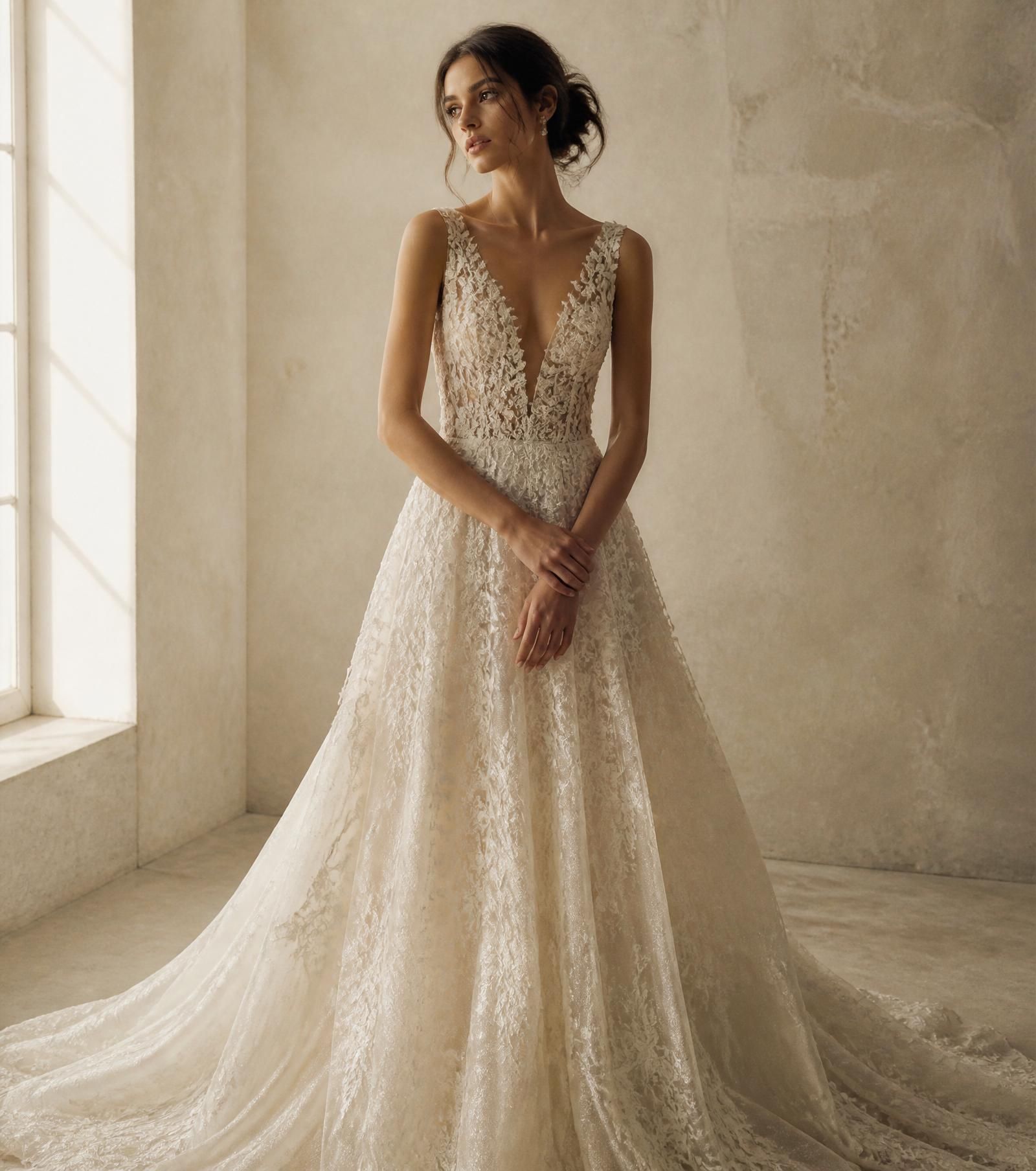 Bride in a lace wedding gown standing by a window in a soft-lit room