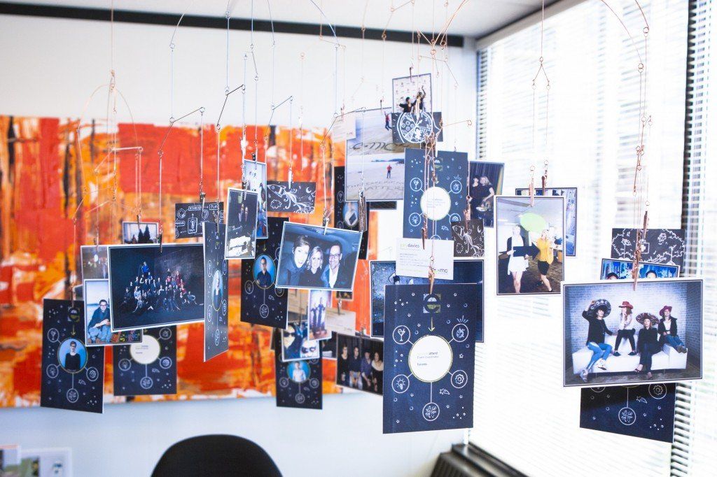 A bunch of pictures are hanging from the ceiling