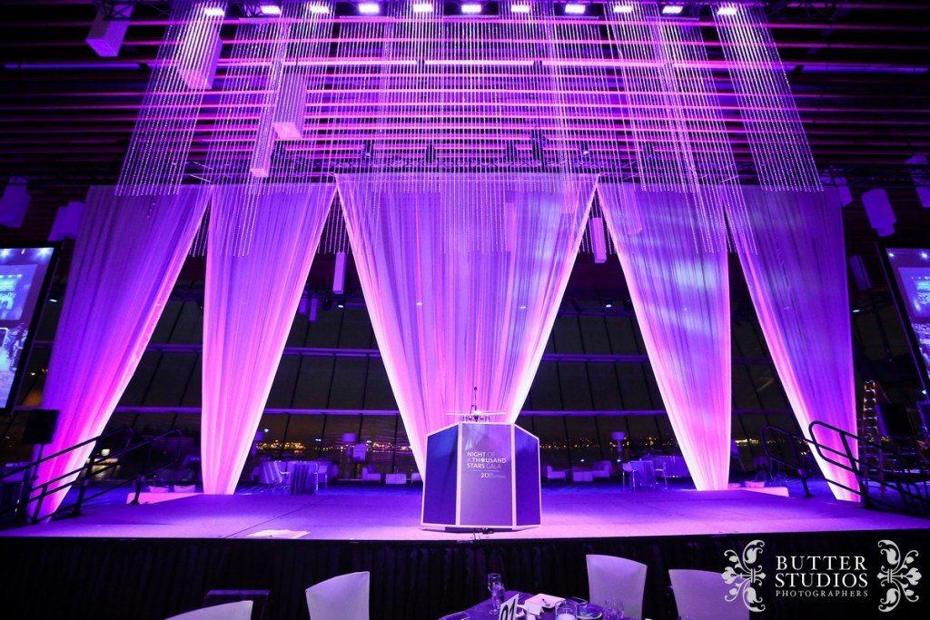 A stage with purple curtains and a podium in the middle