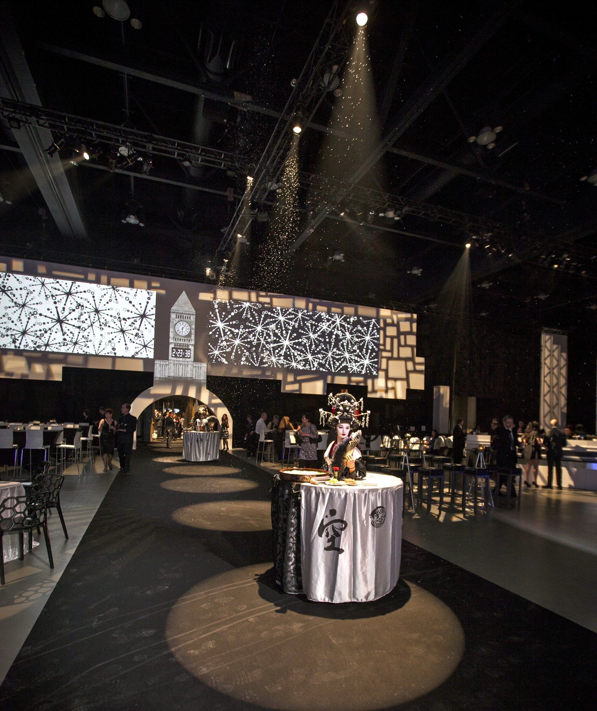 A large room with tables and chairs in it