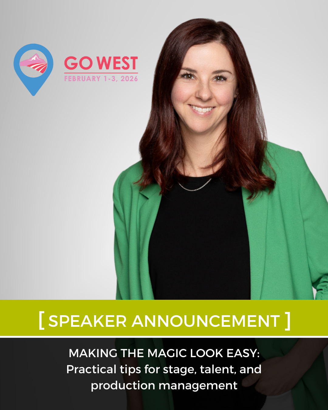GO WEST event announcement with smiling woman, 