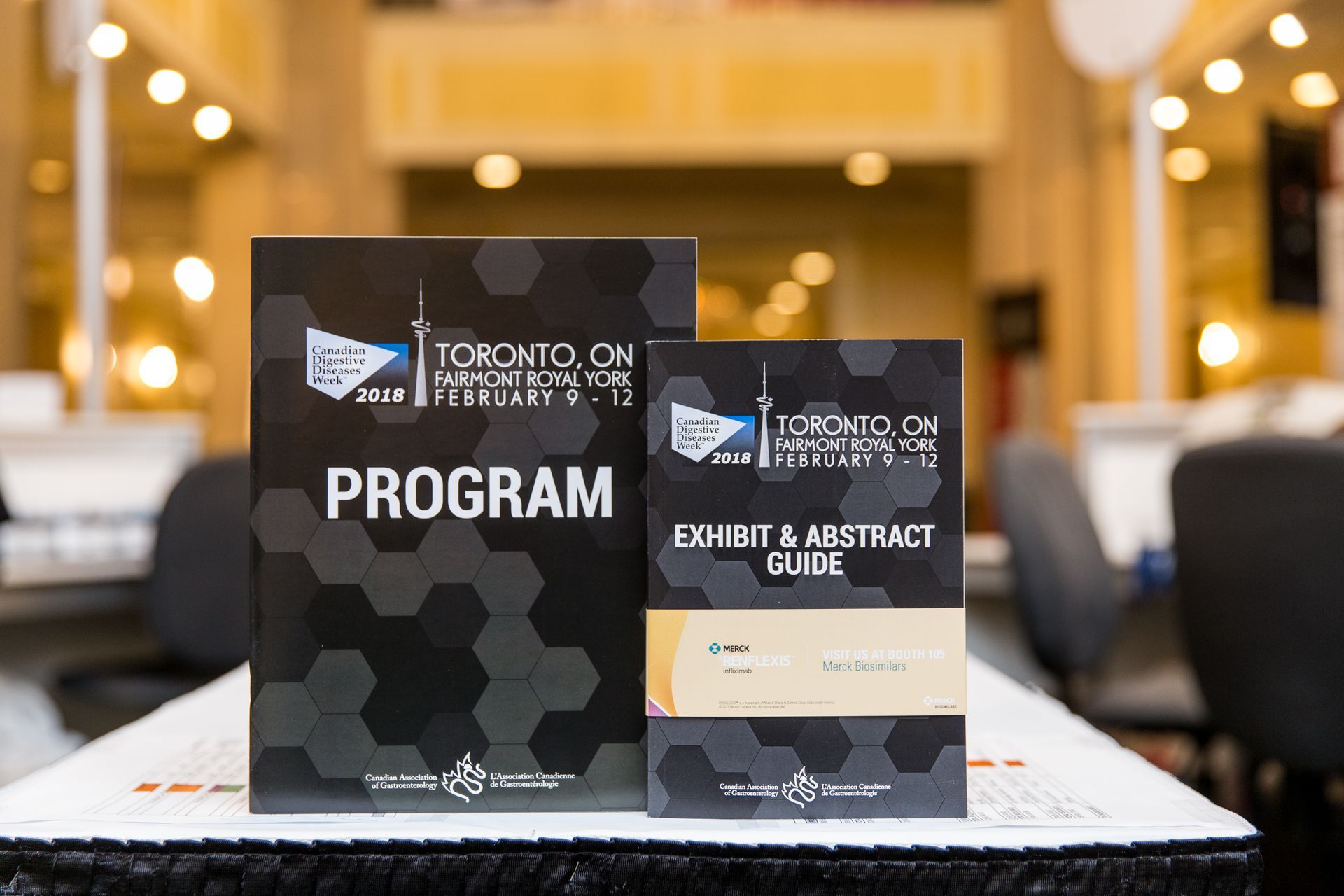 A program and an exhibit & abstract guide are on a table