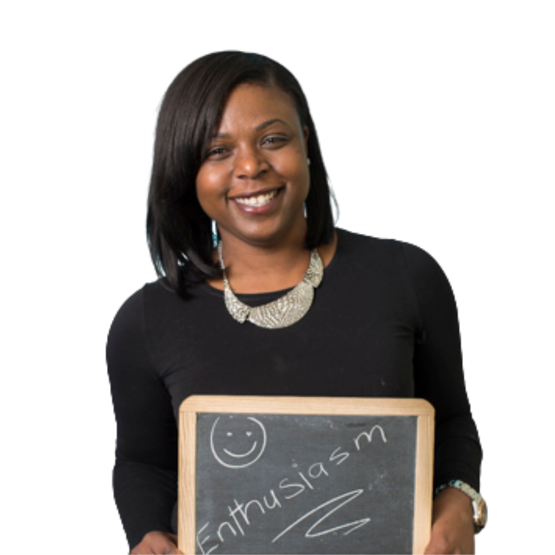 A woman is holding a sign that says enthusiasm