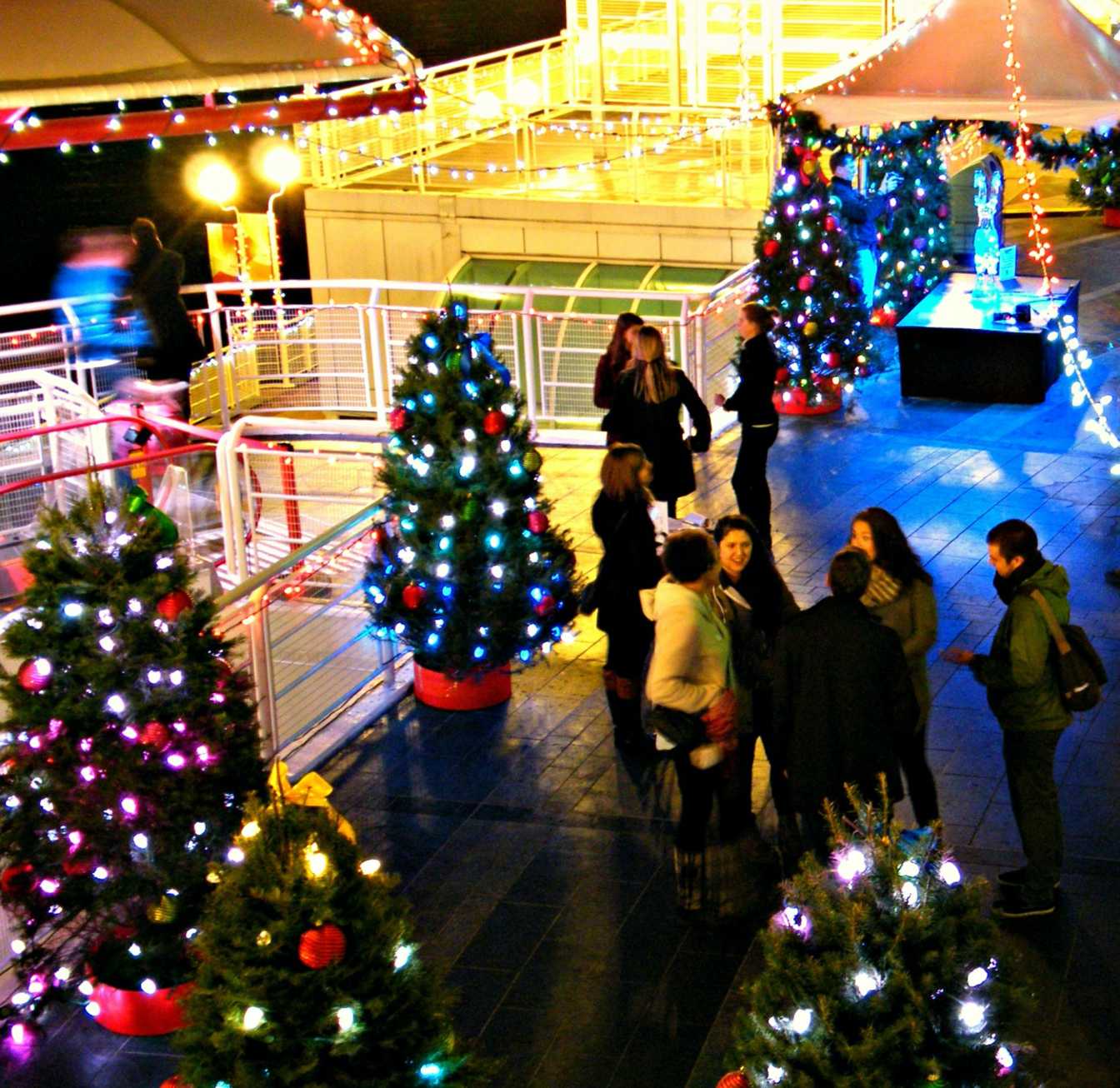 A group of people are standing around christmas trees