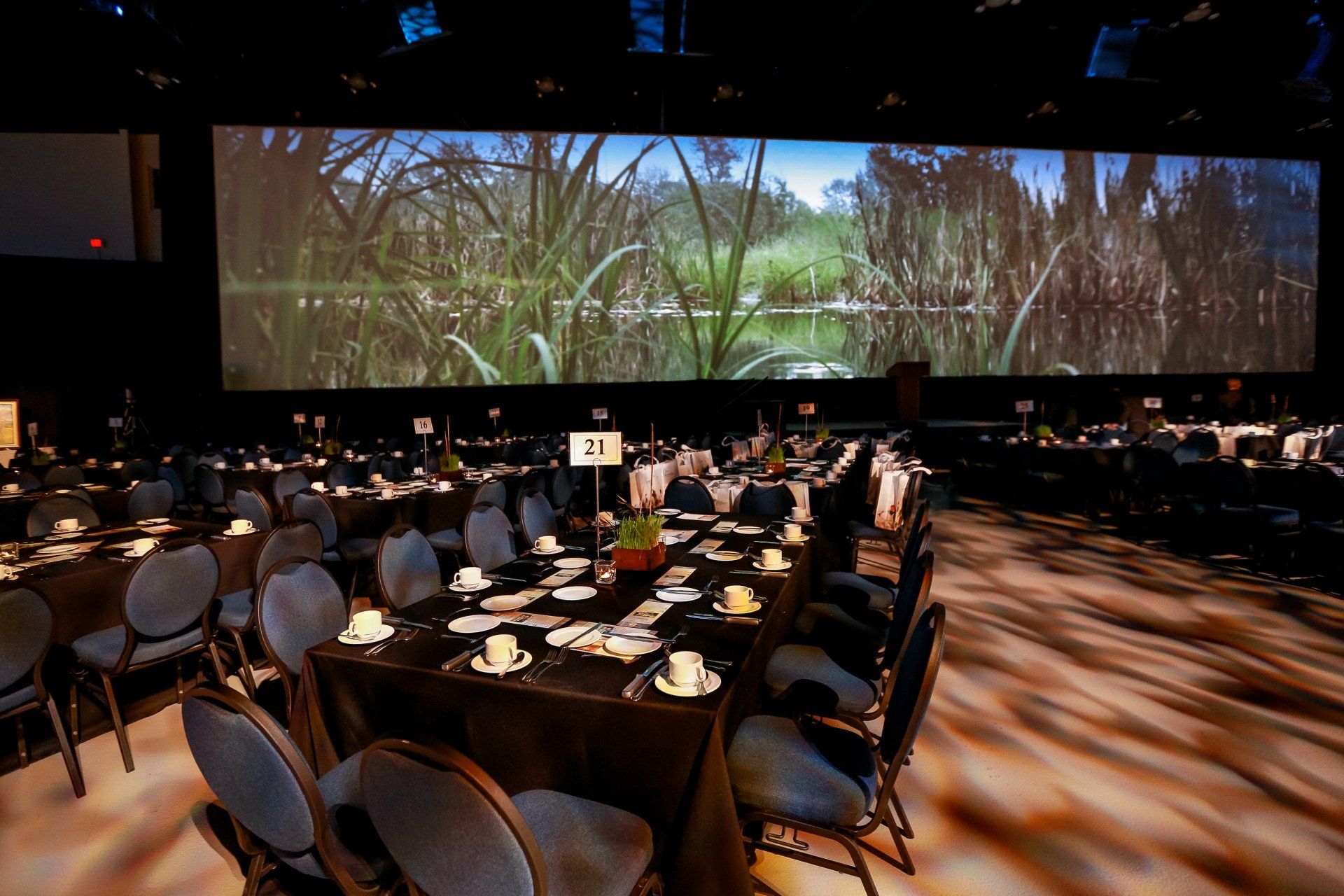 A large screen is behind a row of tables and chairs in a large room.