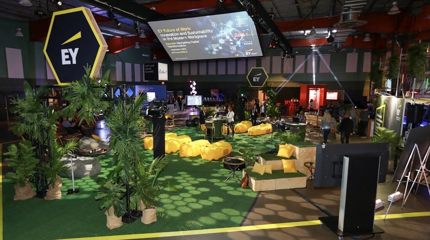 A large room with a sign that says ey on it