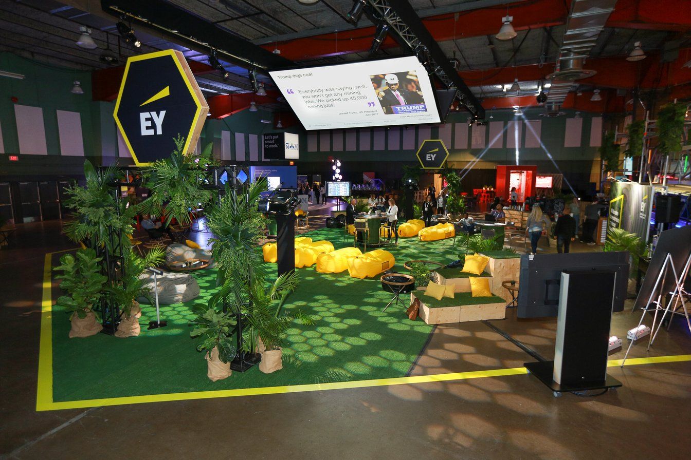 A large room with a sign that says ey on it