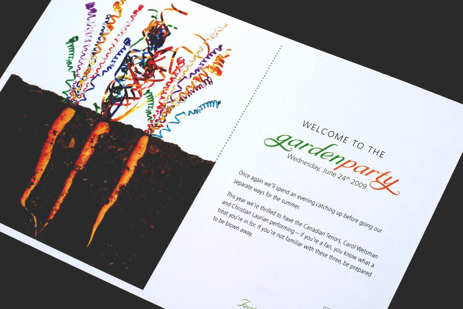 A garden party invitation with a picture of carrots growing out of the ground