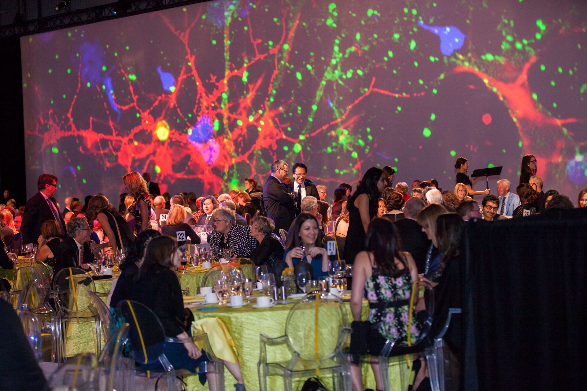 A group of people are sitting at tables in front of a large screen.