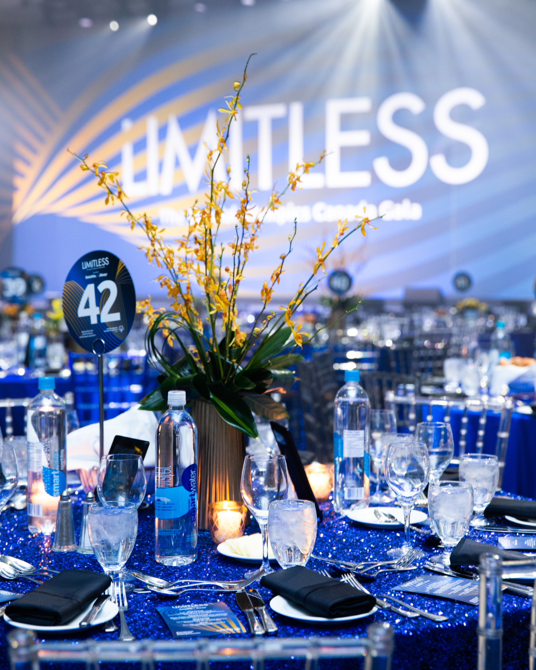 A table with a vase of flowers on it and a sign that says limitless