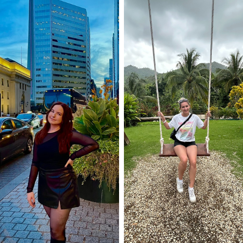 A woman is standing in front of a building and a woman is sitting on a swing.