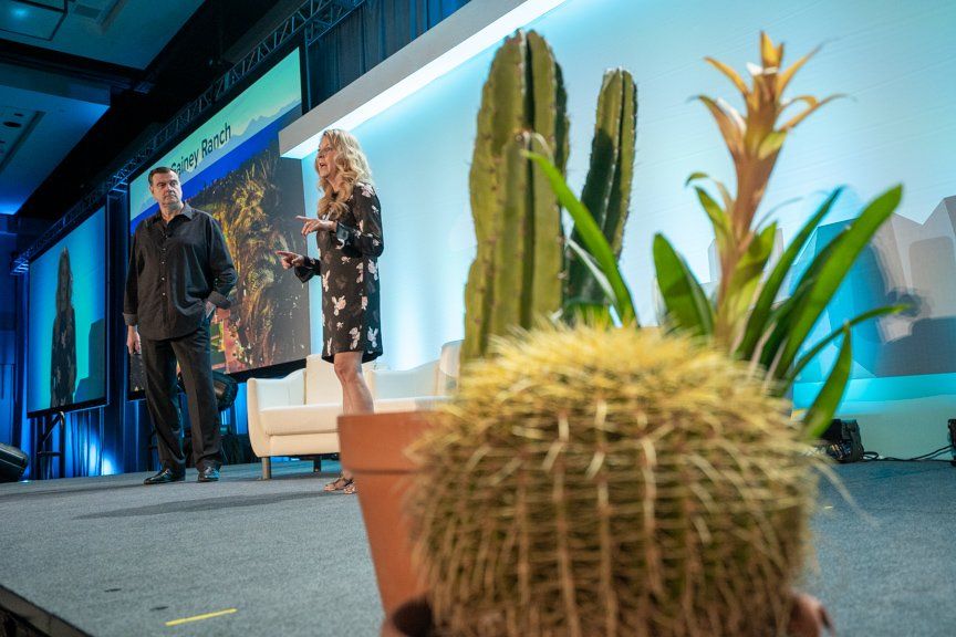 A man and a woman are standing on a stage next to a potted cactus.