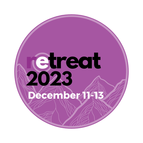 A purple circle with the words retreat 2023 december 11-13 on it.