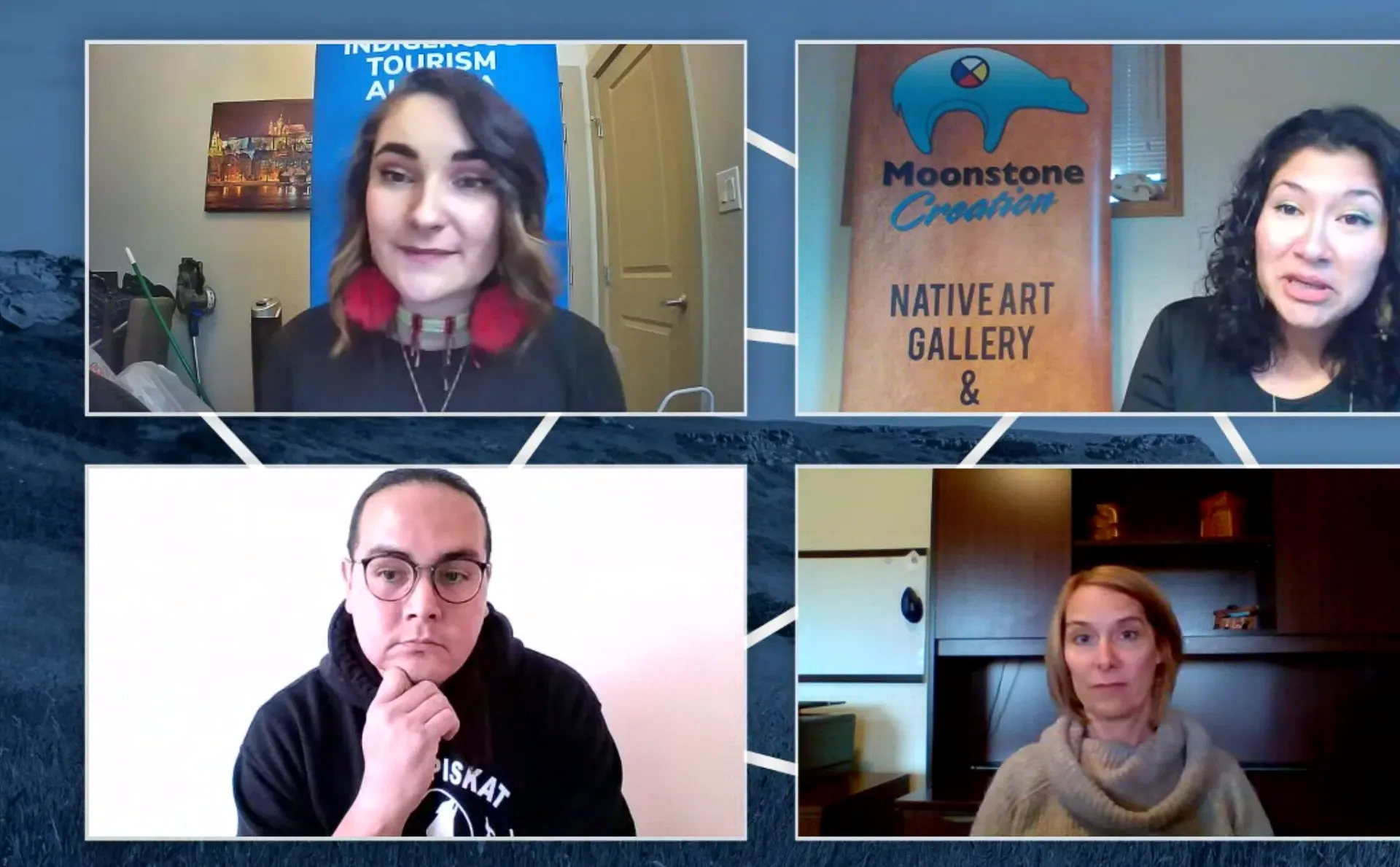 A group of people are sitting in front of a sign that says native art gallery.