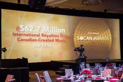 A large screen displays information about the socan awards
