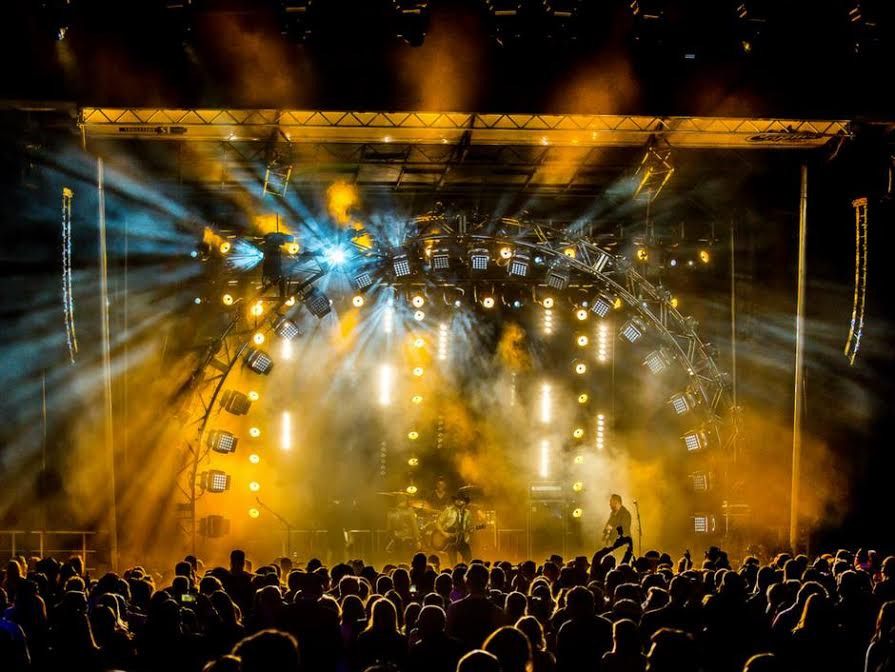 A group of people are standing in front of a stage at a concert.