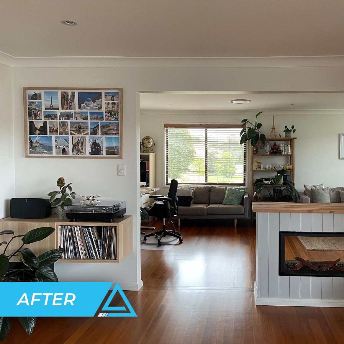 A Before And After Photo Of A Living Room With A Fireplace — APEX Painting & Maintenance In Shellharbour, NSW