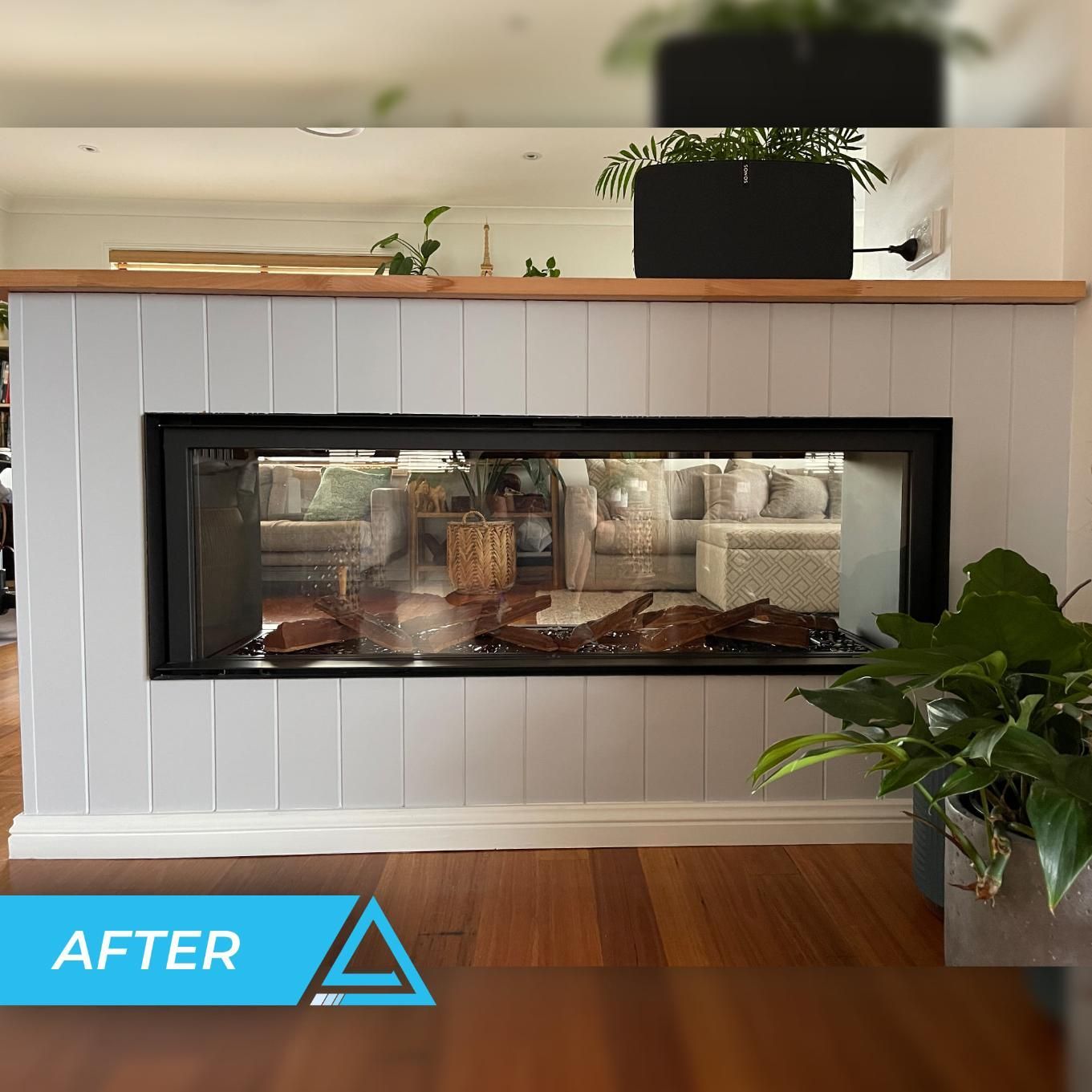 A Before And After Photo Of A Living Room With A Fireplace — APEX Painting & Maintenance In Flinders, NSW