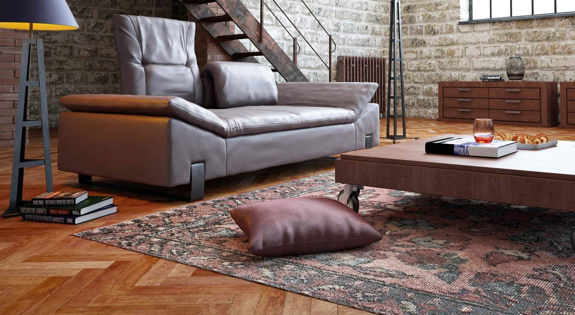 Living room with zig zag hardwood flooring and modern furniture