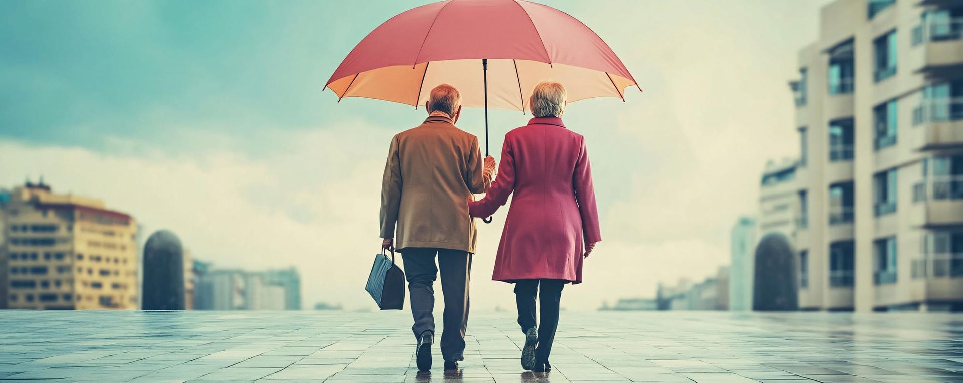 An elderly couple walks hand-in-hand under a red umbrella in a rainy cityscape.