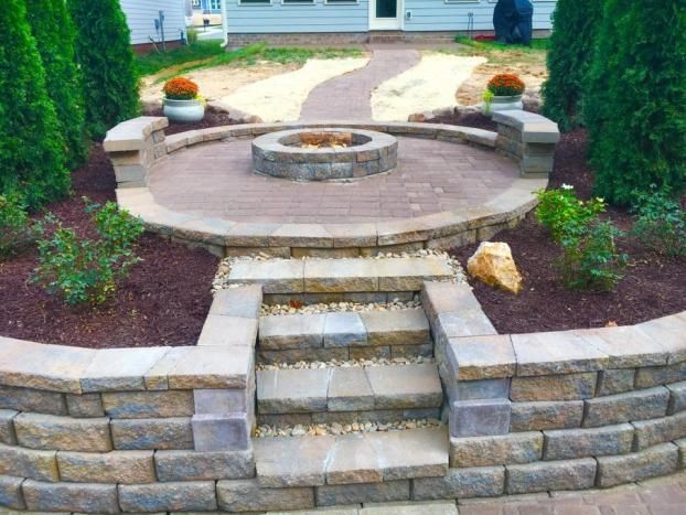 A backyard fire pit area with a circular brick patio, stone retaining walls, stairs, and evergreen landscaping.