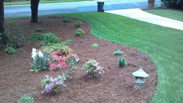 A landscaped garden bed with mulch, assorted flowering shrubs, and a small decorative stone lantern beside a green lawn.